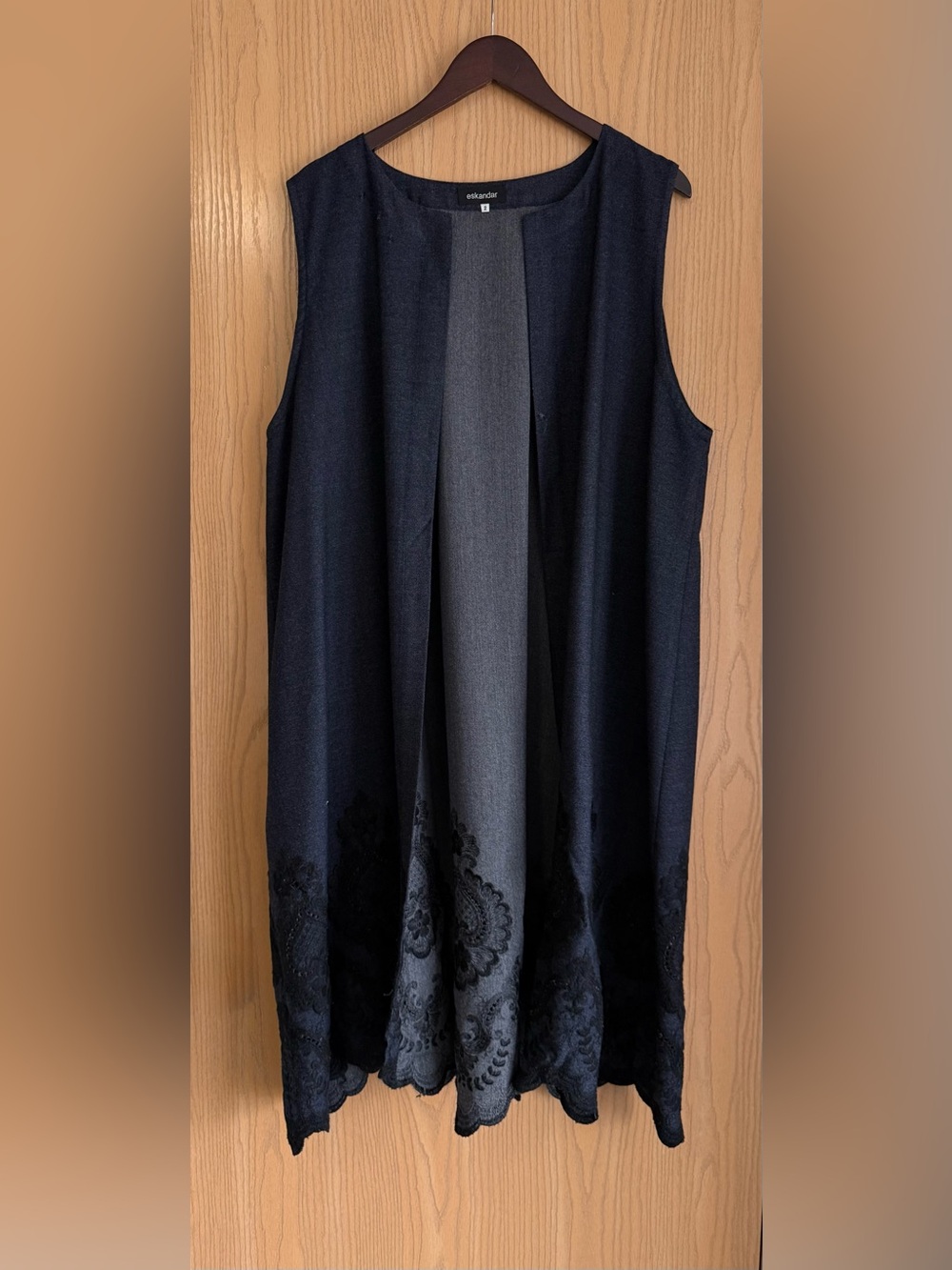 ESKANDAR | SZ 2 US Large -XL | Blue Black 100% Wool Over Sized Lace Vest | AS IS